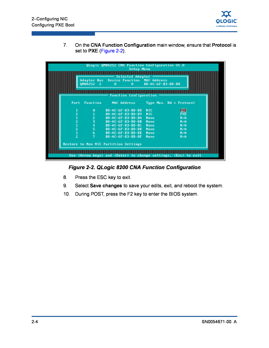 Q-Logic 3200 manual 2. QLogic 8200 CNA Function Configuration, Press the ESC key to exit 