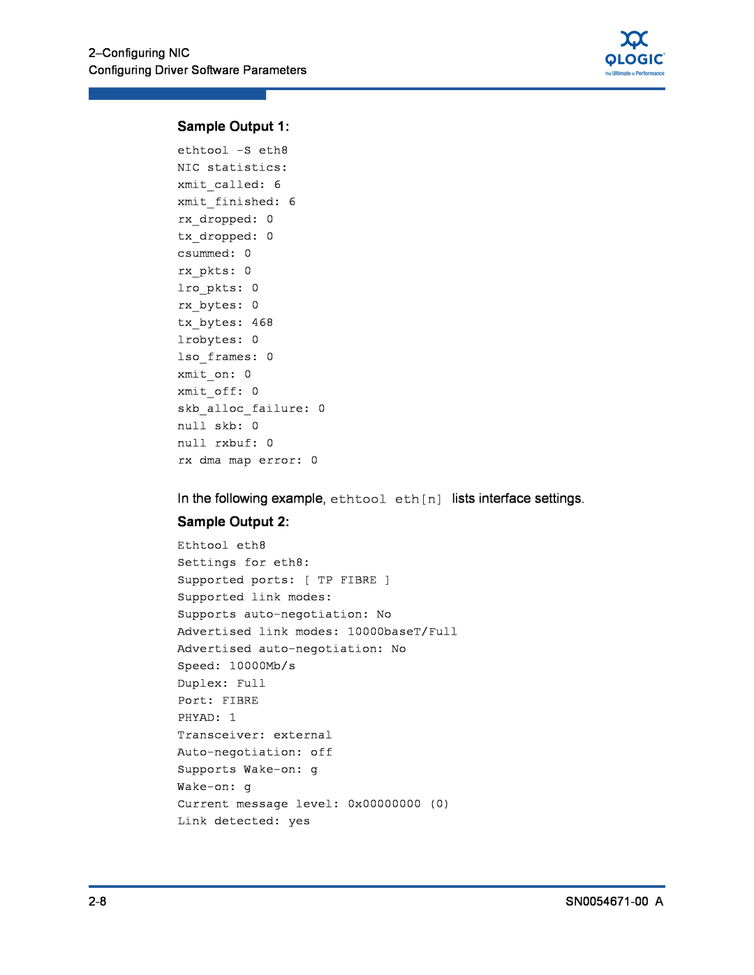 Q-Logic 8200, 3200 manual Sample Output, In the following example, ethtool ethn lists interface settings 