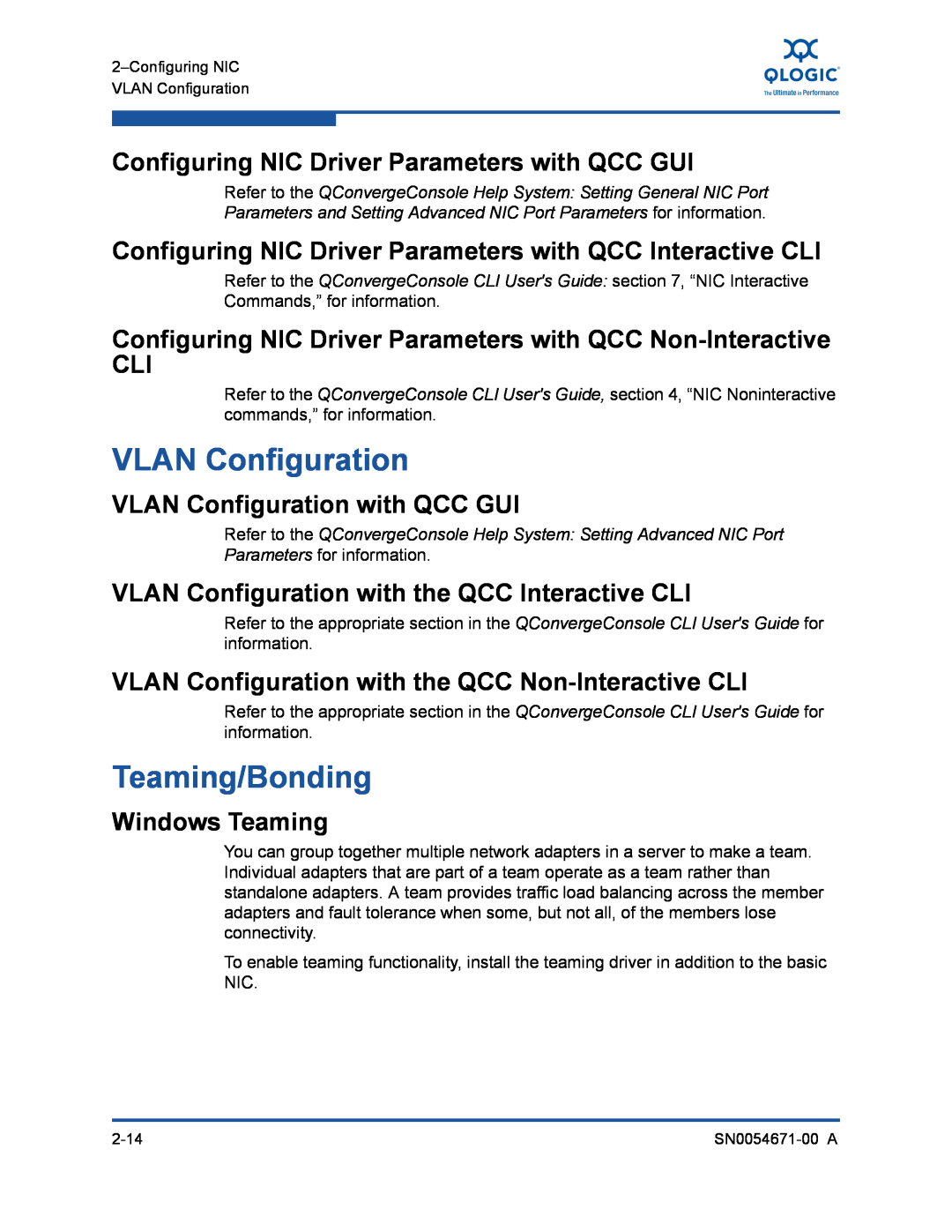 Q-Logic 8200, 3200 VLAN Configuration, Teaming/Bonding, Configuring NIC Driver Parameters with QCC GUI, Windows Teaming 