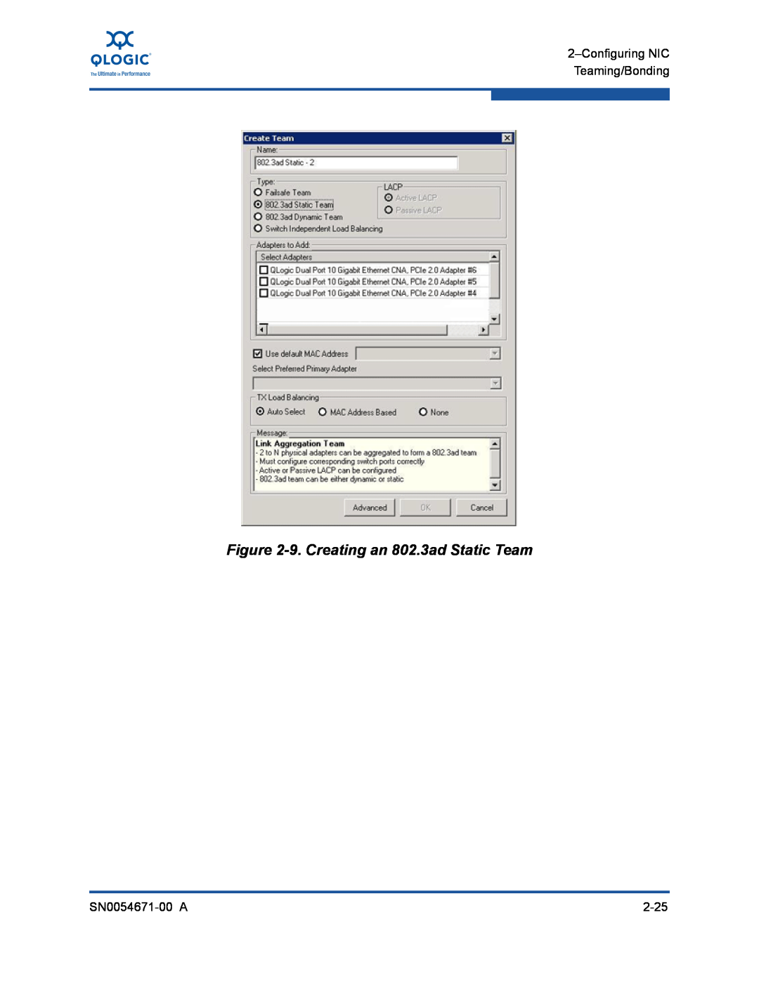 Q-Logic 3200, 8200 manual 9. Creating an 802.3ad Static Team, Configuring NIC Teaming/Bonding, SN0054671-00 A, 2-25 