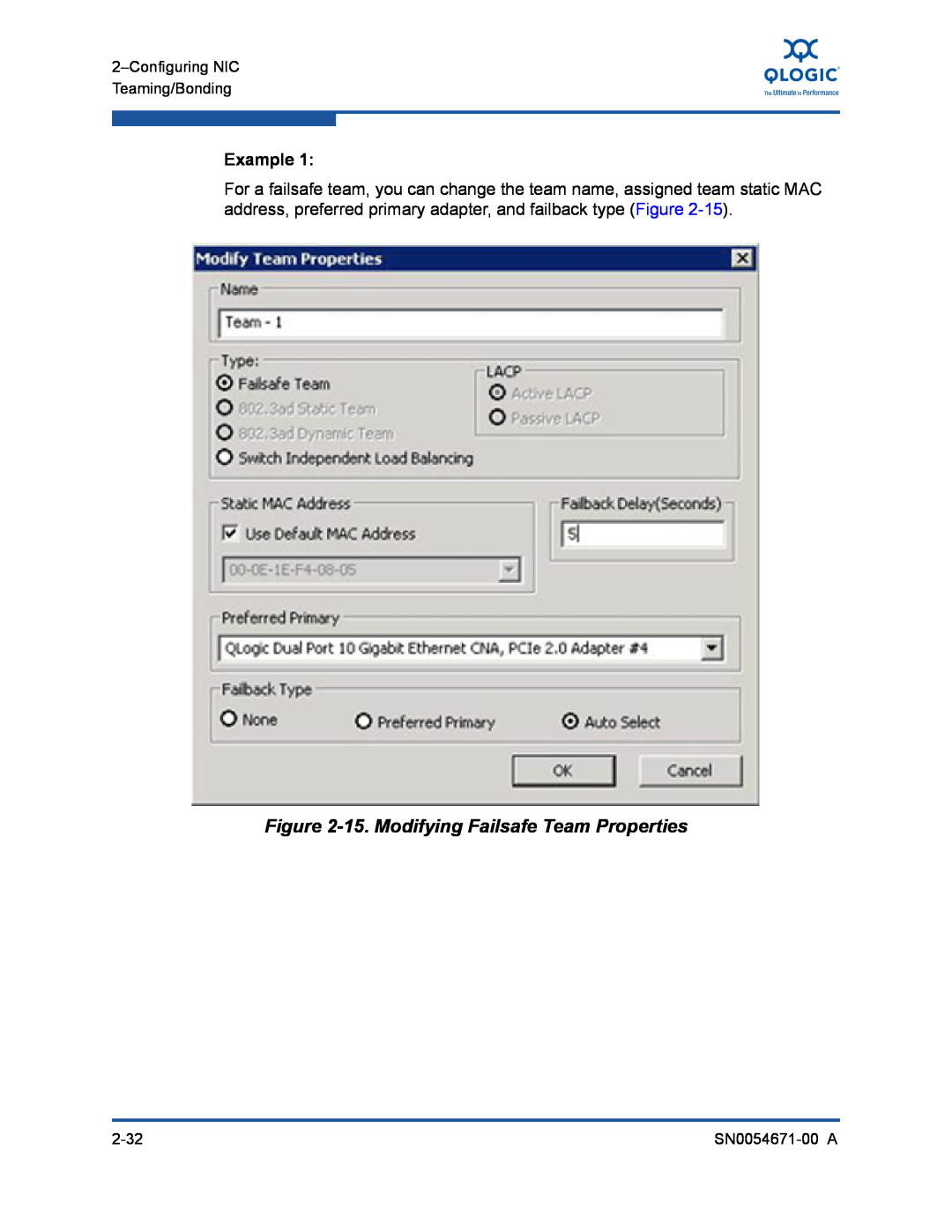 Q-Logic 8200, 3200 manual 15. Modifying Failsafe Team Properties, Example 