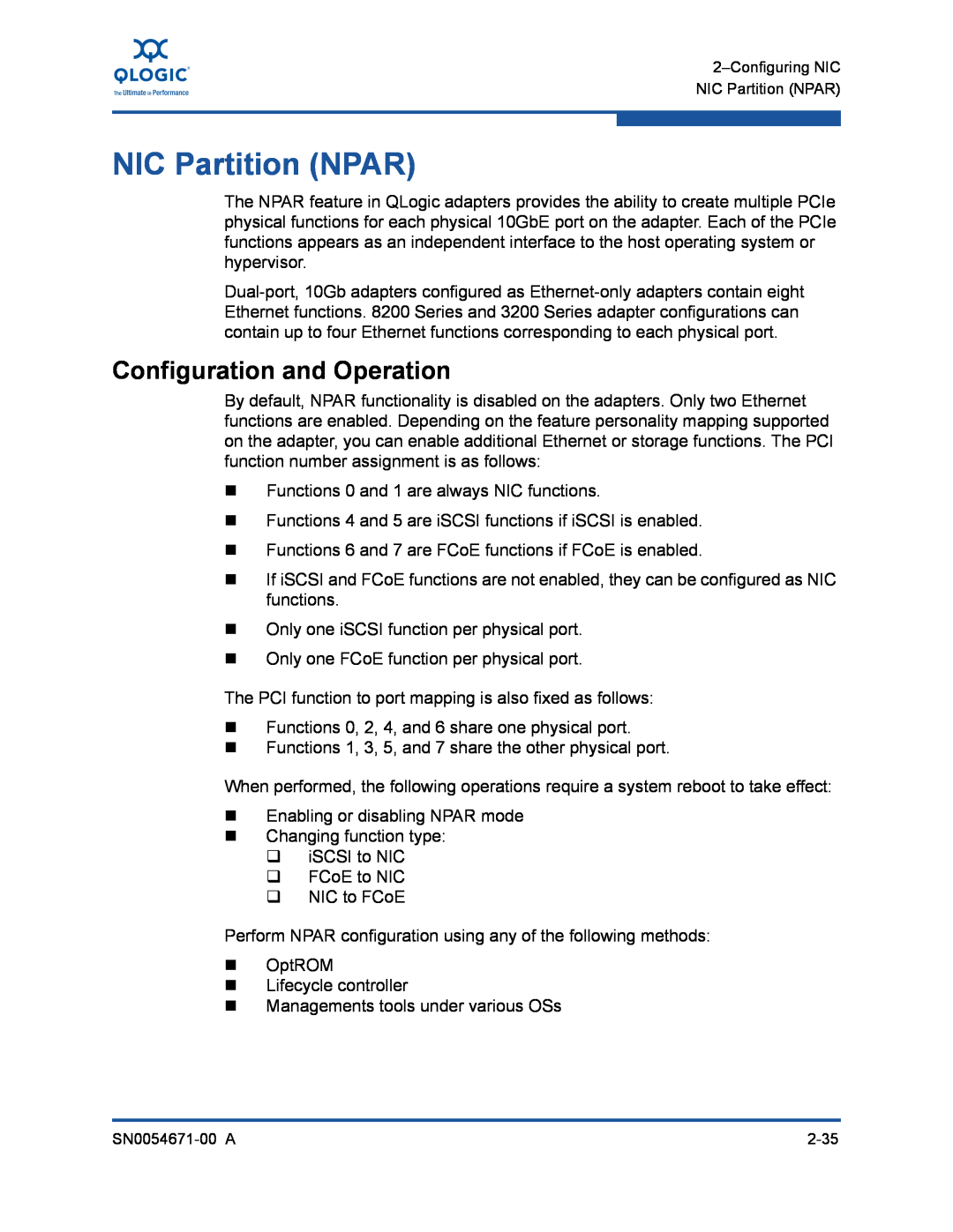 Q-Logic 3200, 8200 manual NIC Partition NPAR, Configuration and Operation 