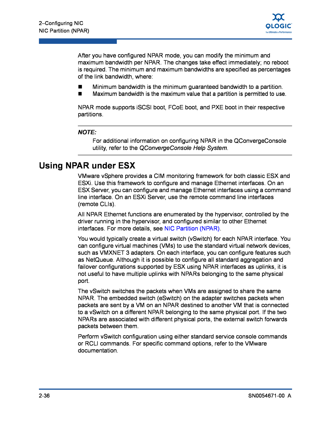 Q-Logic 8200, 3200 manual Using NPAR under ESX 