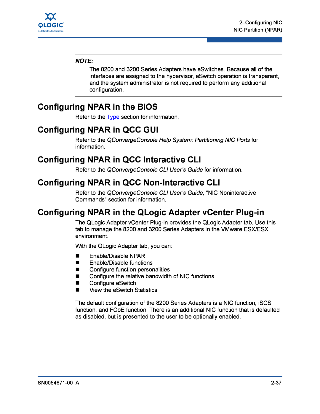 Q-Logic 3200, 8200 manual Configuring NPAR in the BIOS, Configuring NPAR in QCC GUI, Configuring NPAR in QCC Interactive CLI 