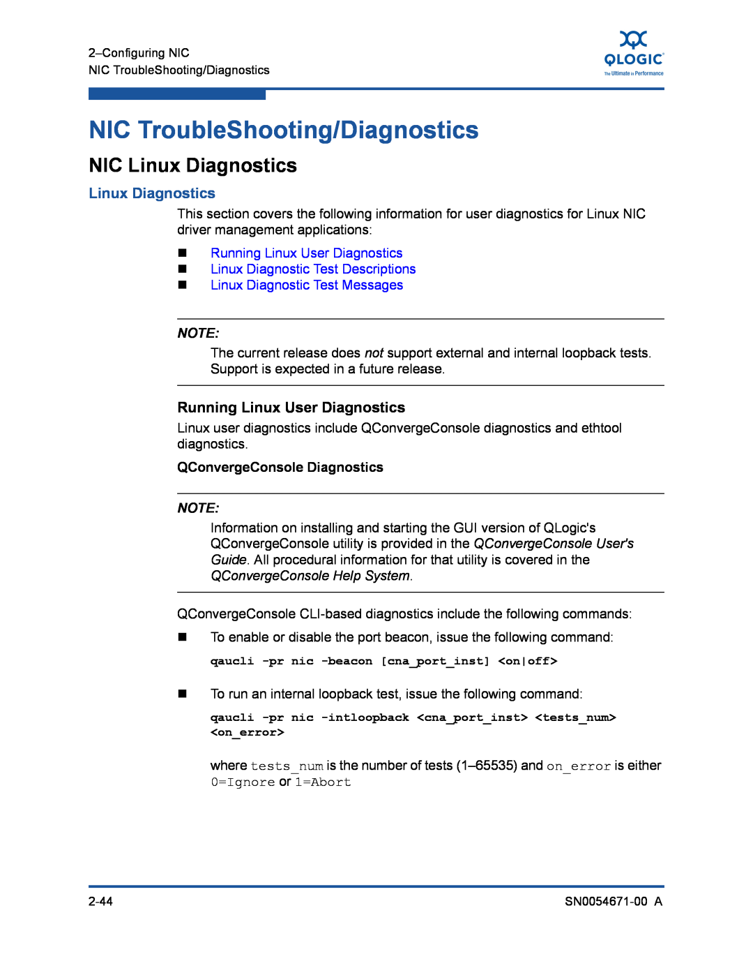 Q-Logic 8200, 3200 manual NIC TroubleShooting/Diagnostics, NIC Linux Diagnostics, Running Linux User Diagnostics 