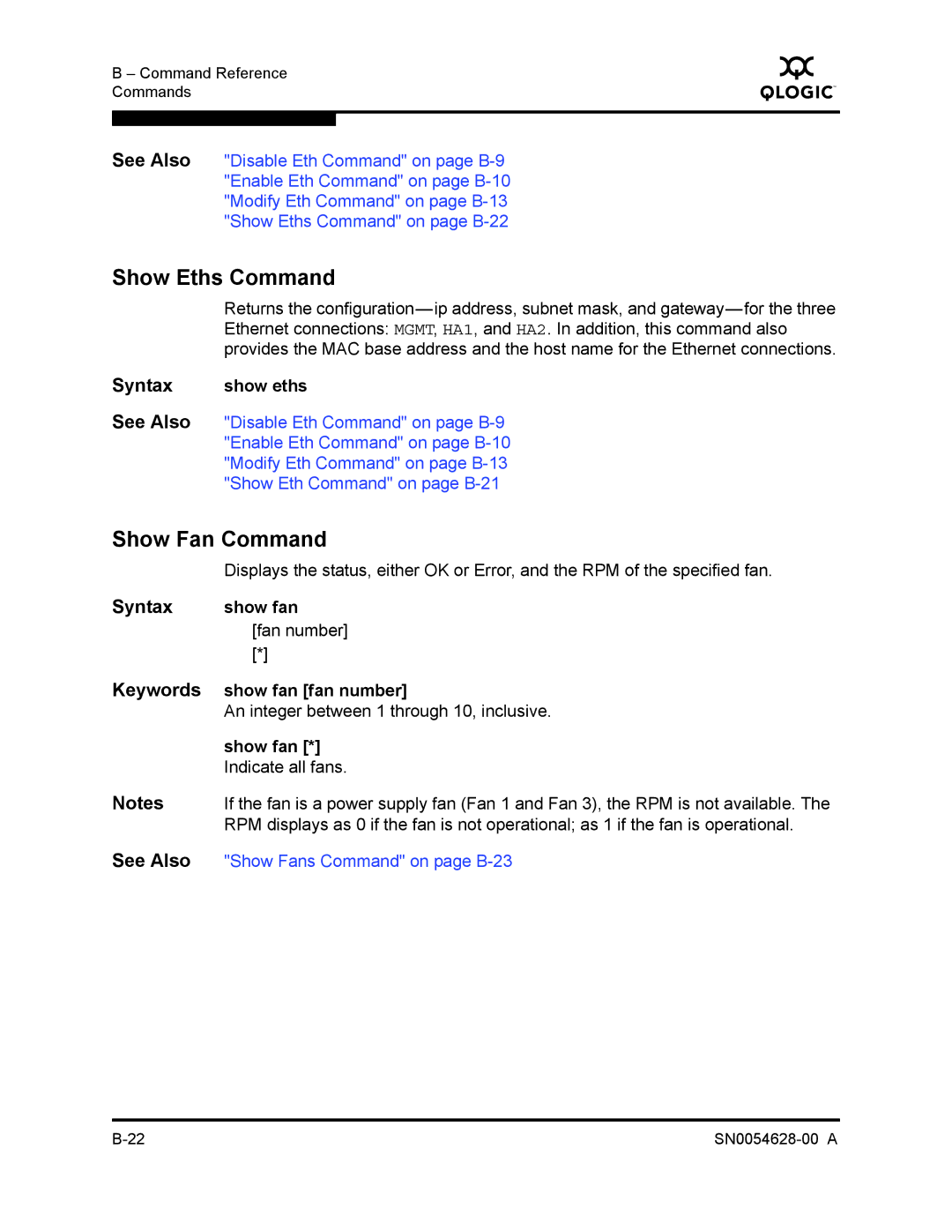 Q-Logic 8200 SERIES manual Show Eths Command, Show Fan Command, Show eths, Show fan fan number 