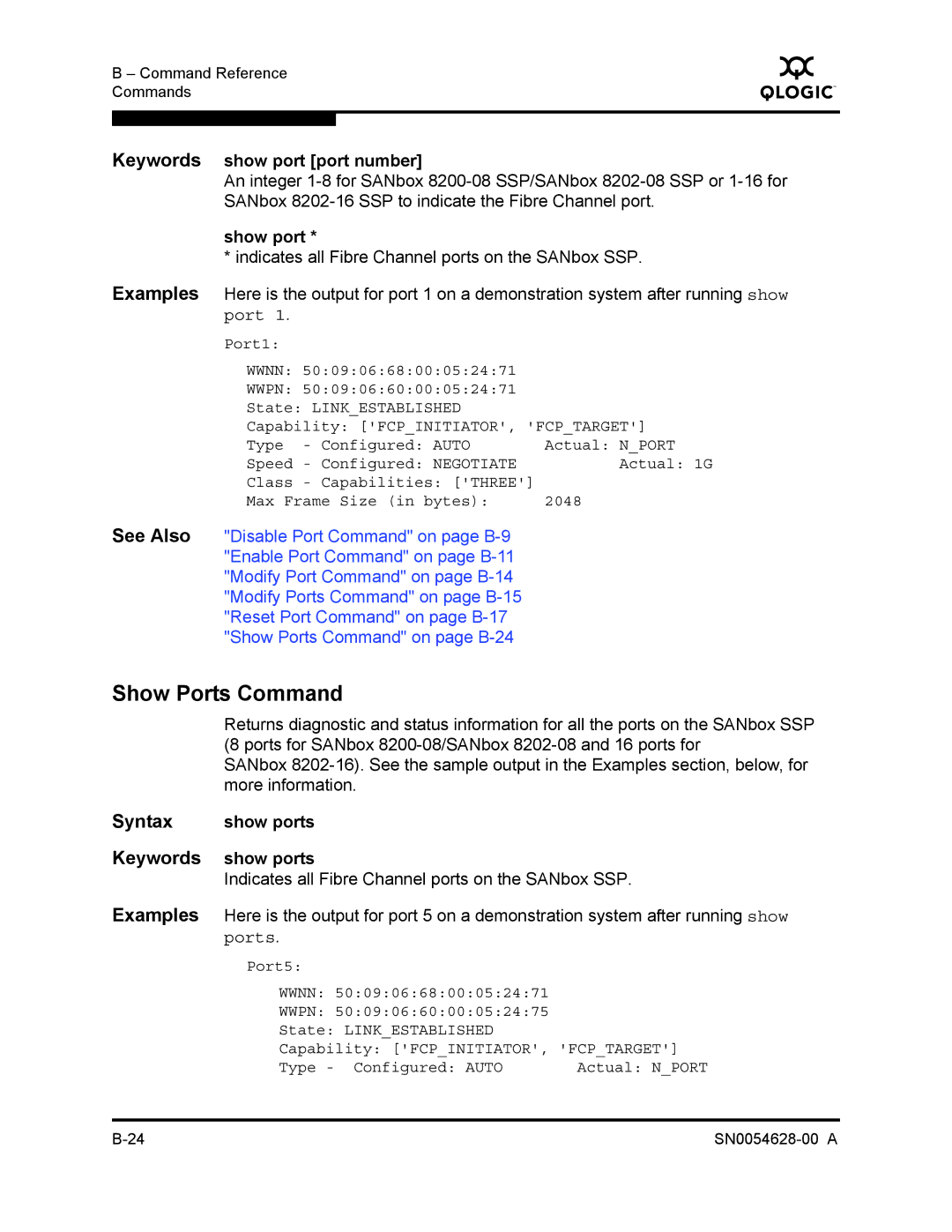 Q-Logic 8200 SERIES manual Show Ports Command, Keywords show port port number, Show ports 