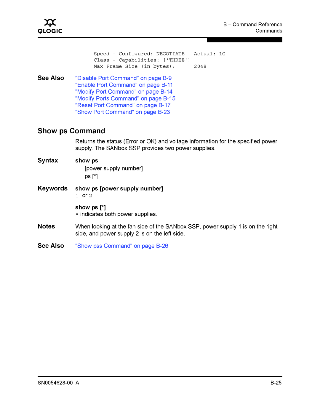 Q-Logic 8200 SERIES manual Show ps Command, Keywords show ps power supply number Show ps 