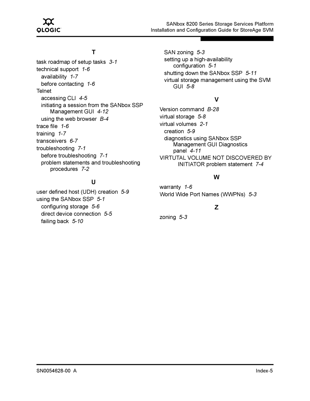 Q-Logic 8200 SERIES manual SN0054628-00 a Index-5 