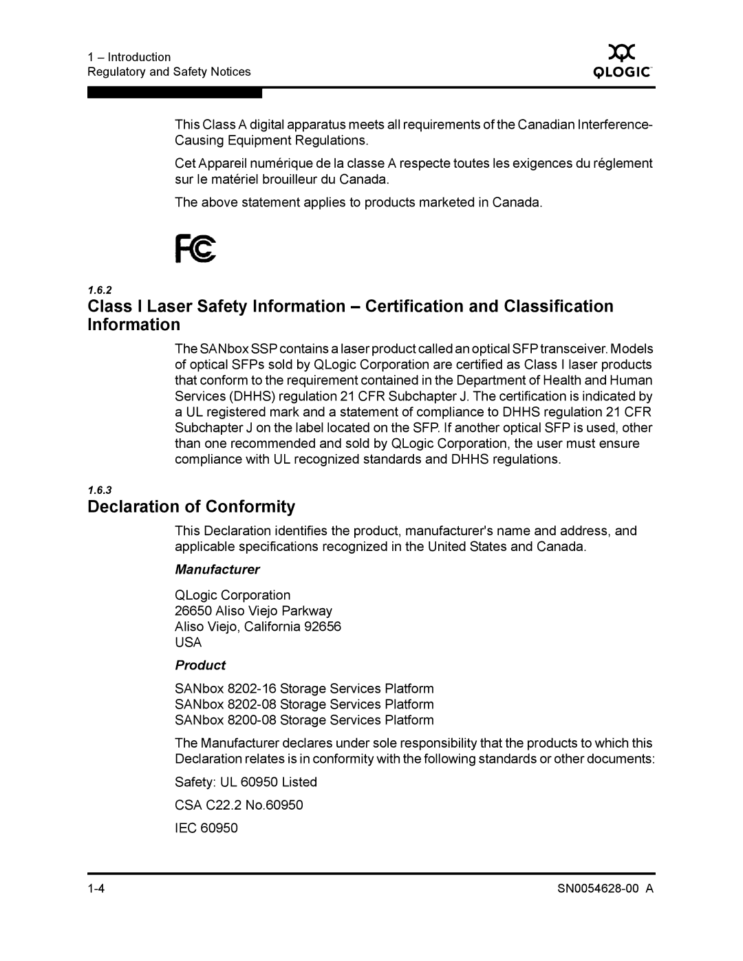 Q-Logic 8200 SERIES manual Declaration of Conformity, Manufacturer, Product 