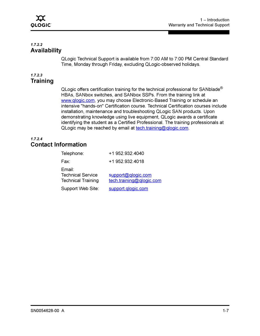 Q-Logic 8200 SERIES manual Availability, Training, Contact Information 