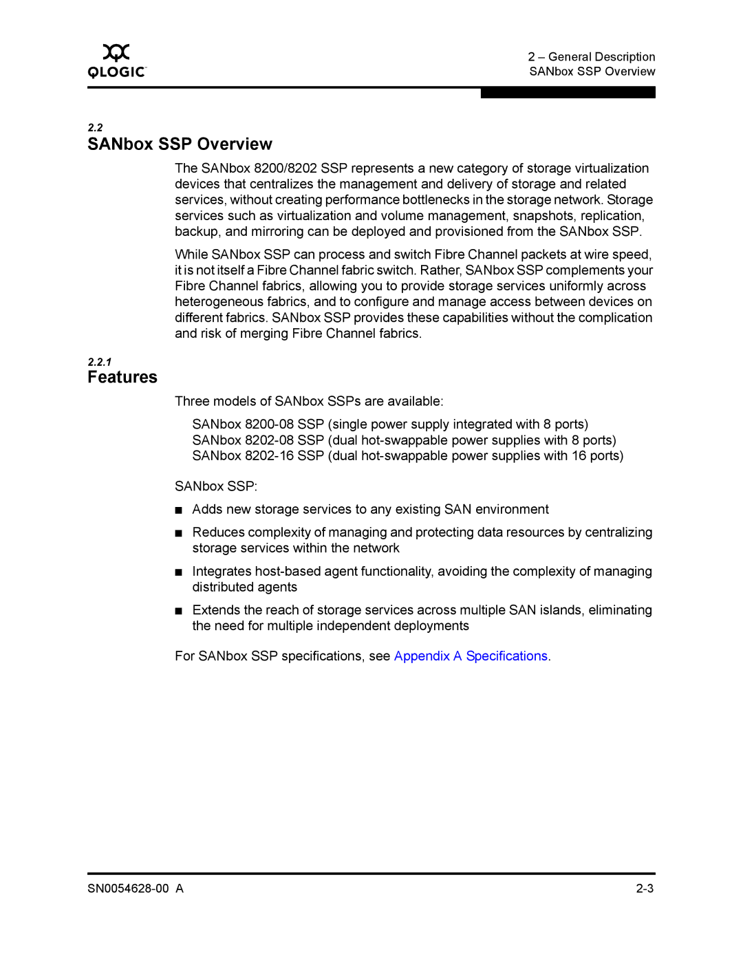 Q-Logic 8200 SERIES manual SANbox SSP Overview, Features 