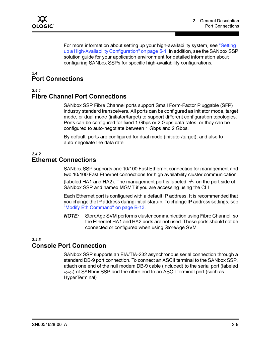 Q-Logic 8200 SERIES manual Port Connections Fibre Channel Port Connections, Ethernet Connections, Console Port Connection 