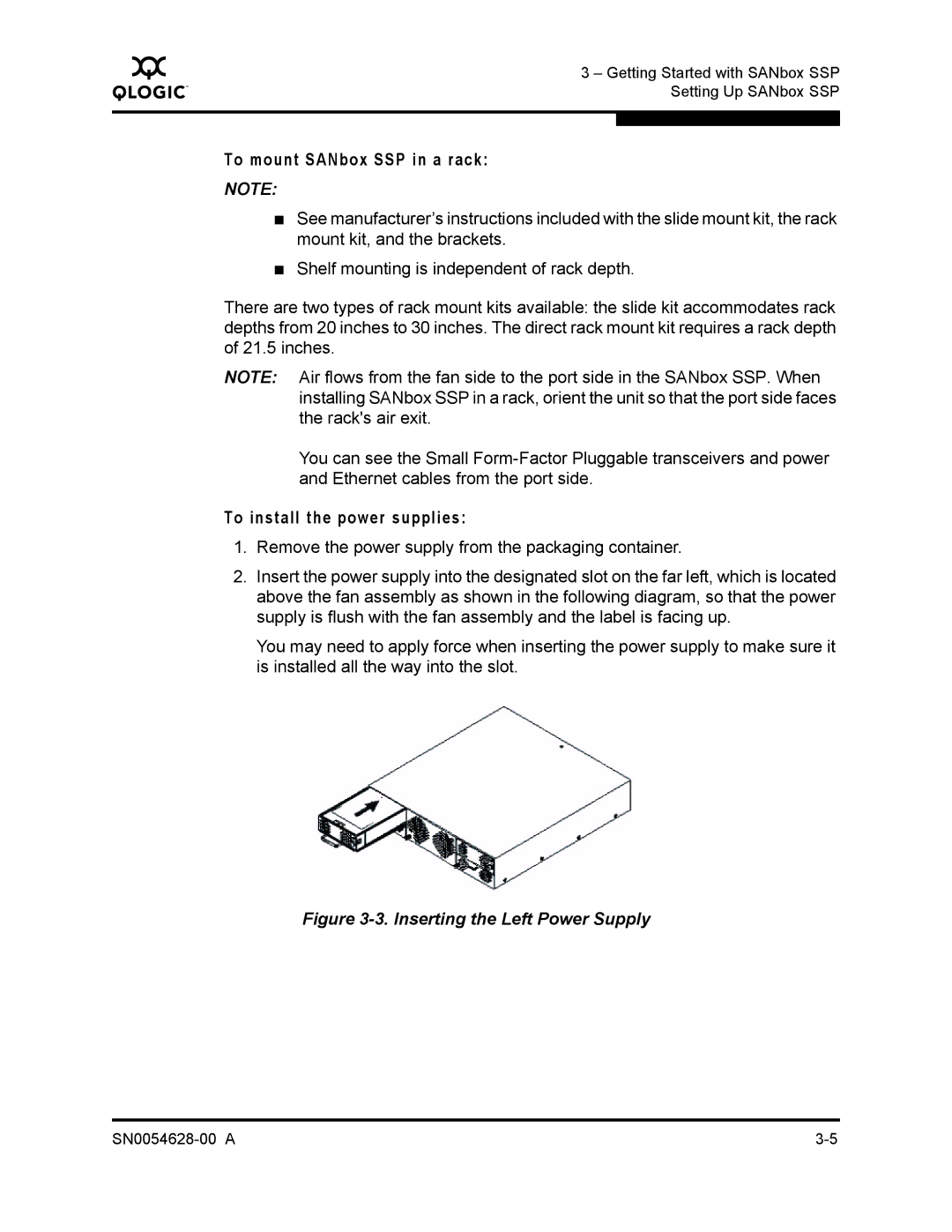 Q-Logic 8200 SERIES manual To mount SANbox SSP in a rack, To install the power supplies 