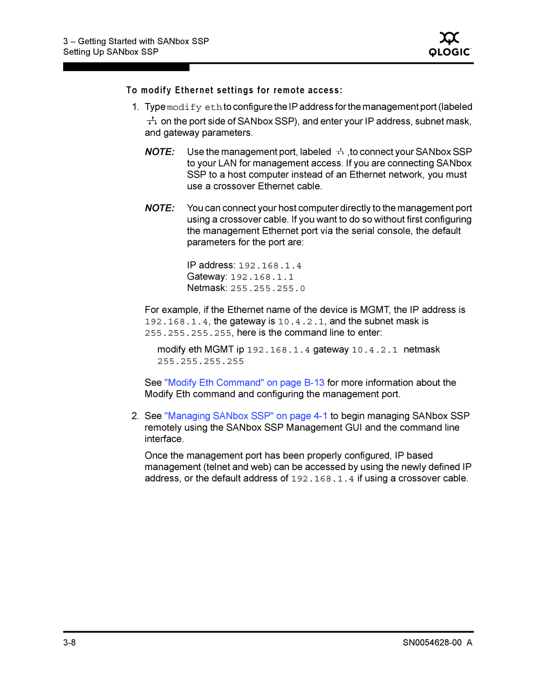 Q-Logic 8200 SERIES manual To modify Ethernet settings for remote access, Gateway Netmask 