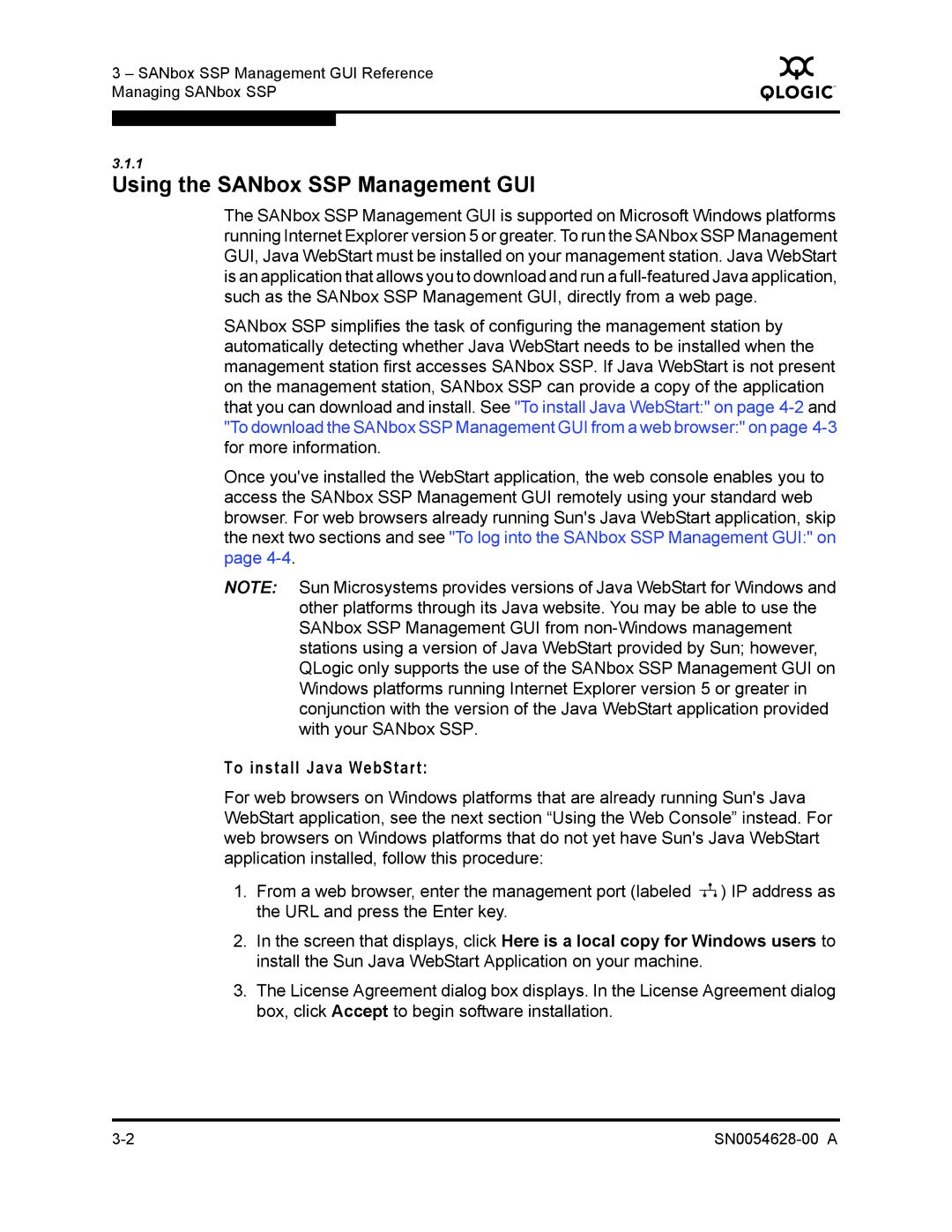 Q-Logic 8200 SERIES manual Using the SANbox SSP Management GUI, To install Java WebStart 