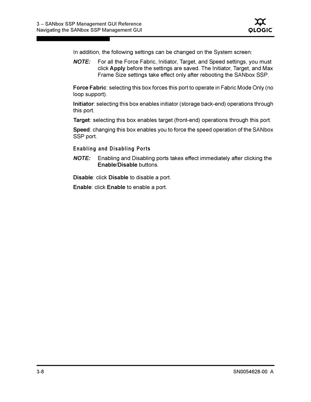 Q-Logic 8200 SERIES manual Enabling and Disabling Ports 