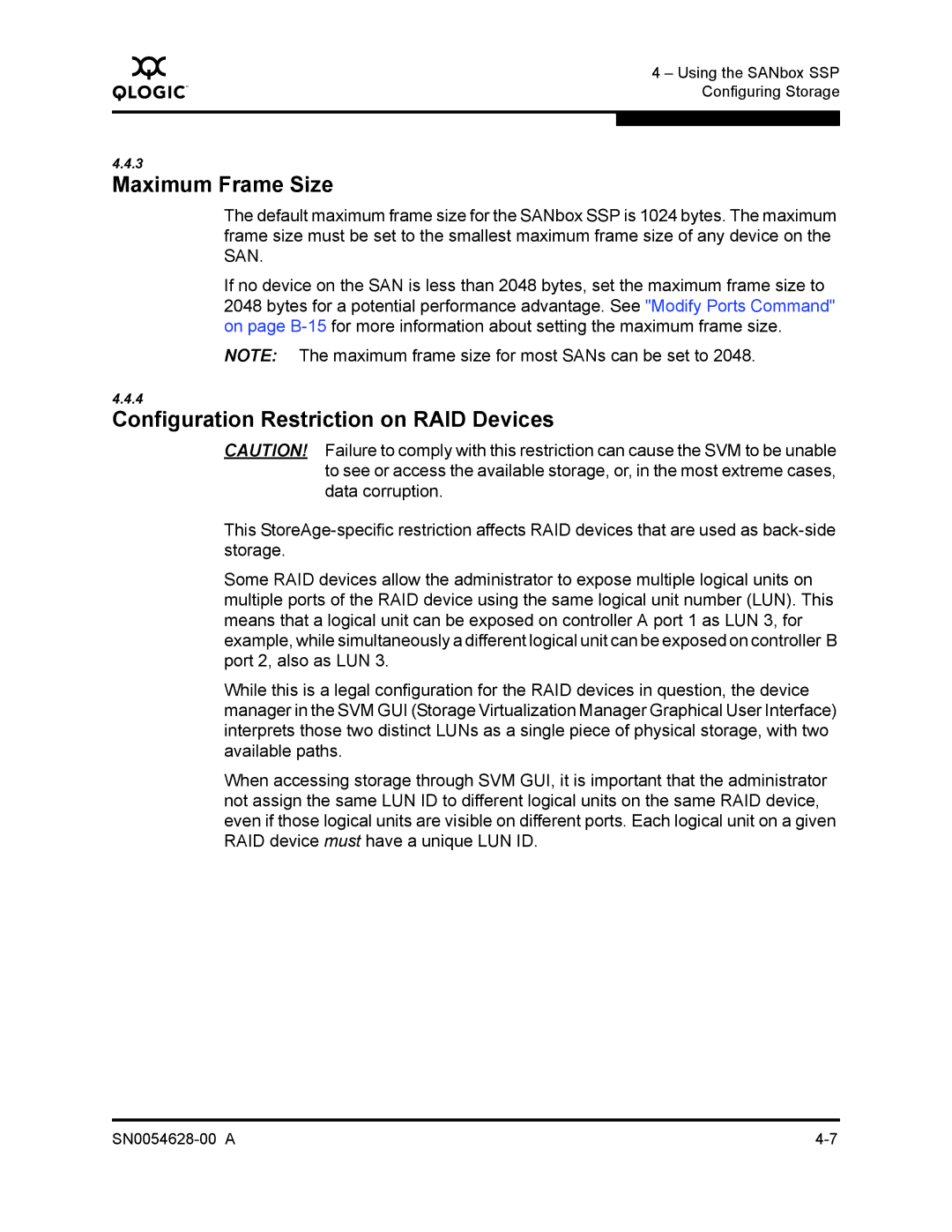 Q-Logic 8200 SERIES manual Maximum Frame Size, Configuration Restriction on RAID Devices 