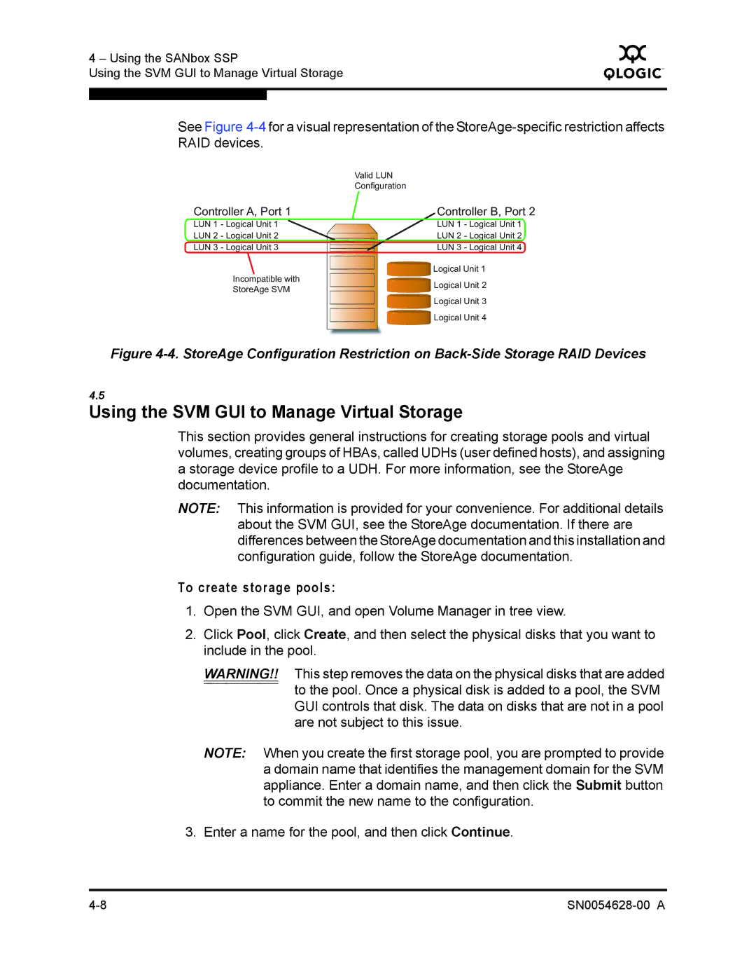 Q-Logic 8200 SERIES manual Using the SVM GUI to Manage Virtual Storage, To create storage pools 