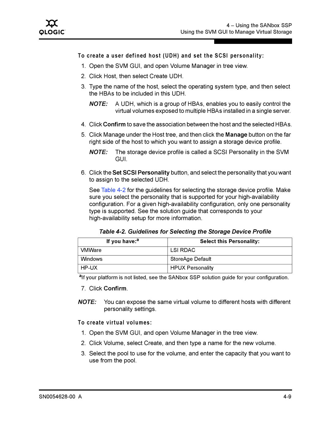 Q-Logic 8200 SERIES manual Guidelines for Selecting the Storage Device Profile, To create virtual volumes 