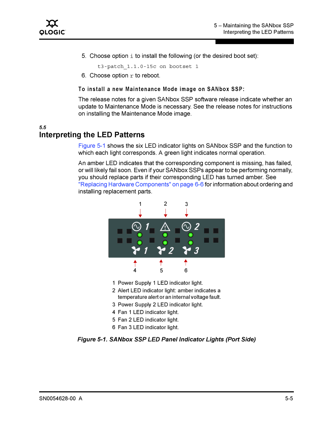 Q-Logic 8200 SERIES manual Interpreting the LED Patterns, To install a new Maintenance Mode image on SANbox SSP 