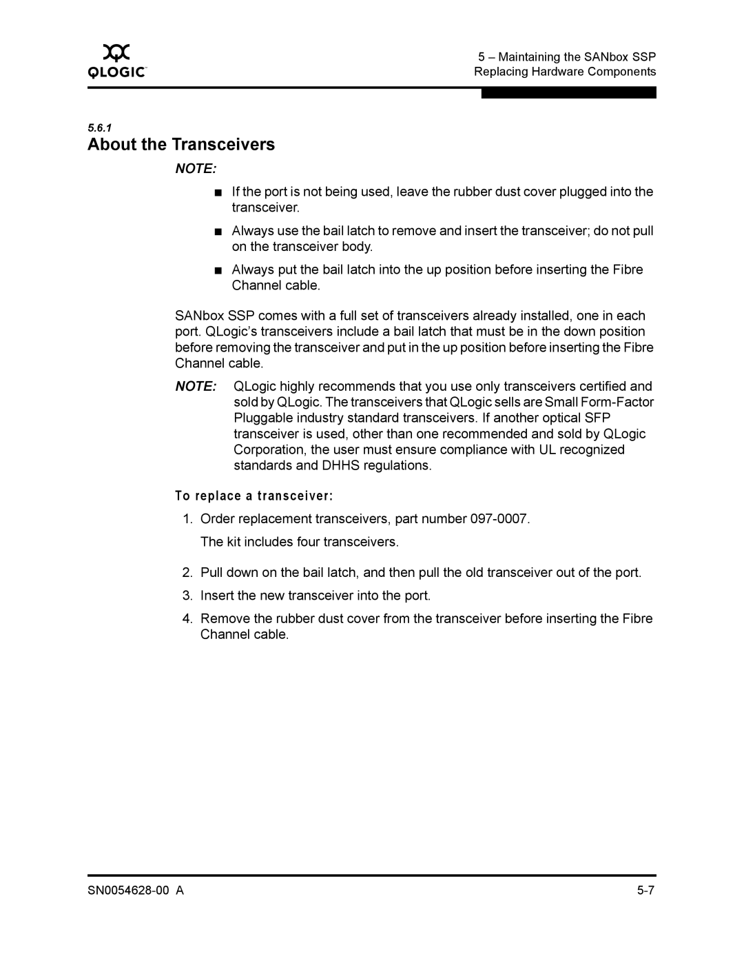 Q-Logic 8200 SERIES manual About the Transceivers, To replace a transceiver 