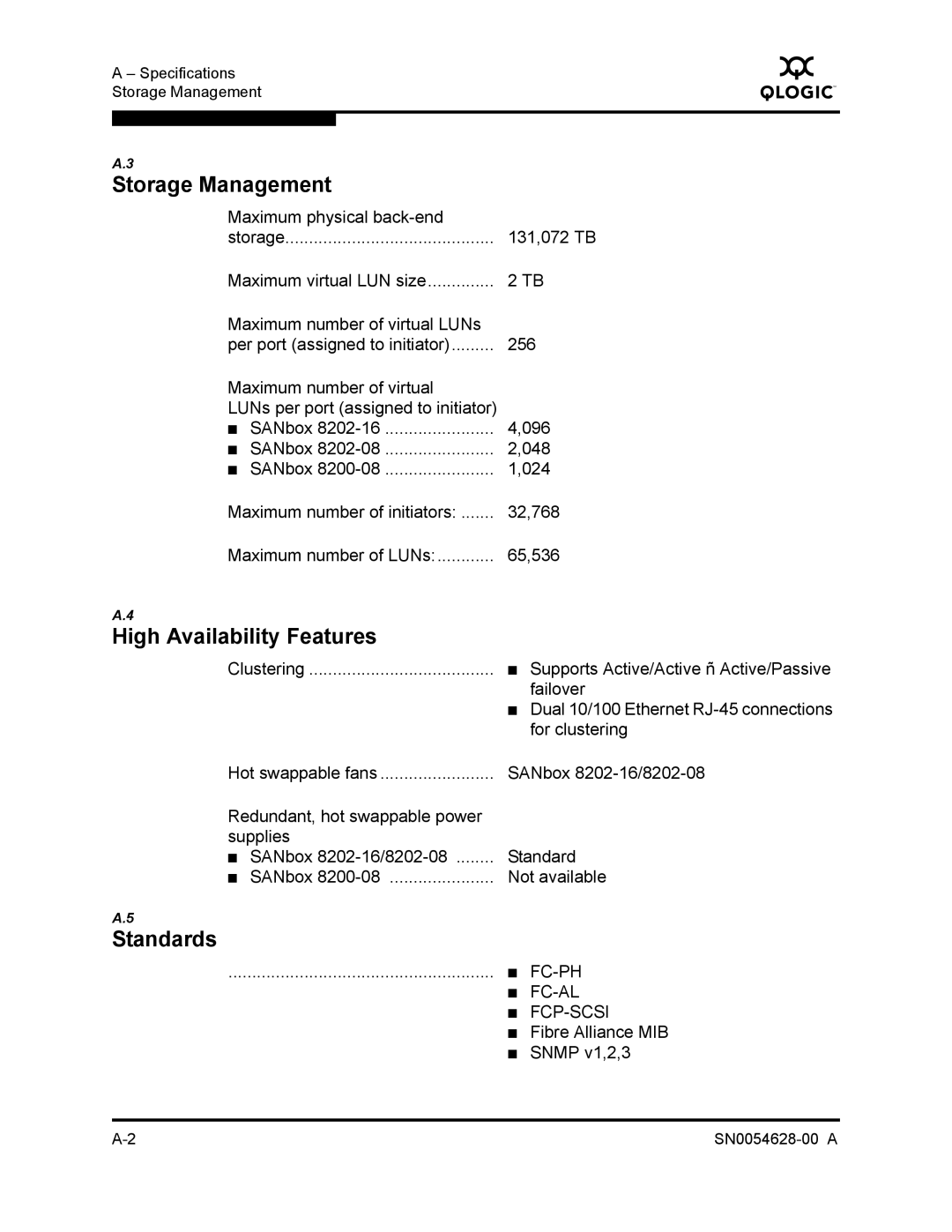 Q-Logic 8200 SERIES manual Storage Management, High Availability Features, Standards 