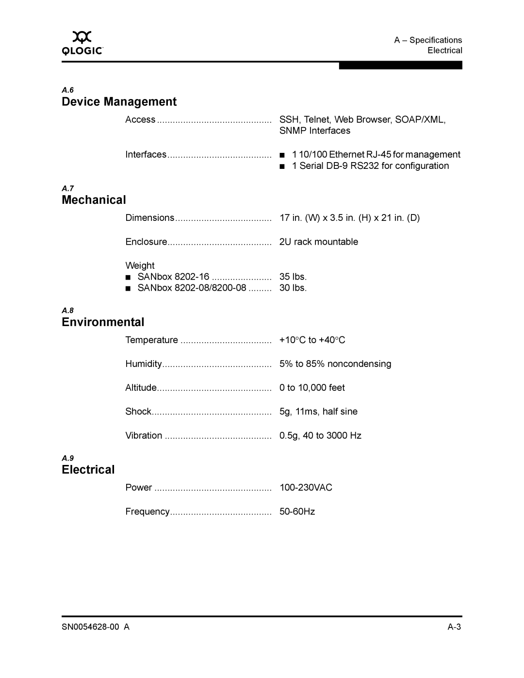 Q-Logic 8200 SERIES manual Device Management, Mechanical, Environmental, Electrical 