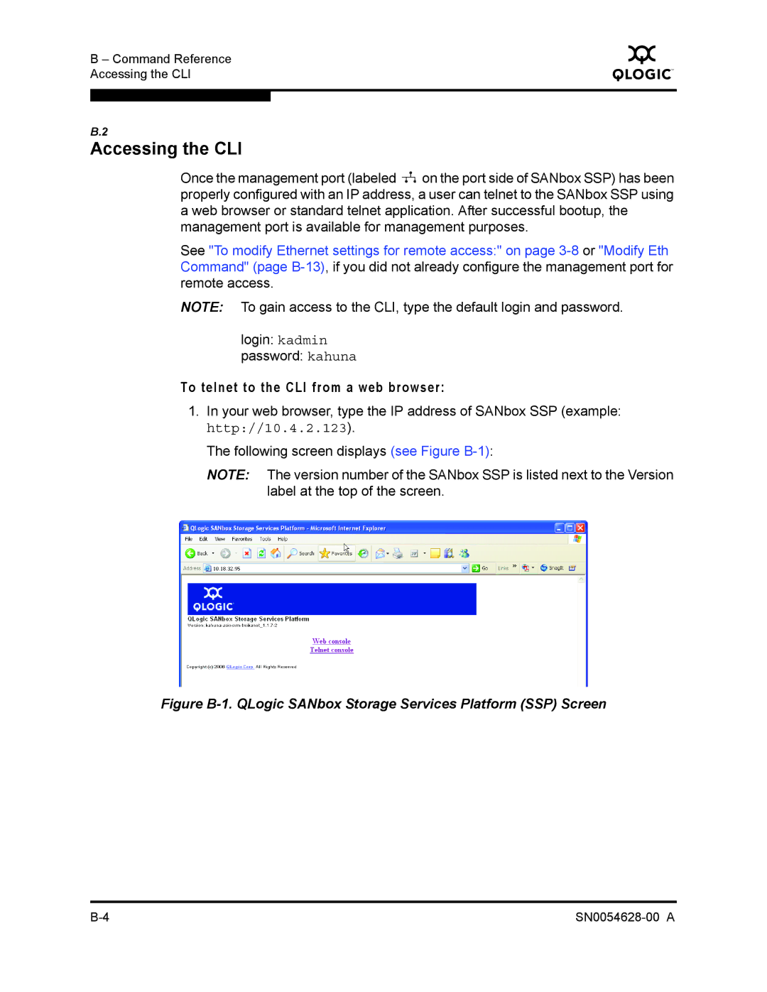 Q-Logic 8200 SERIES manual Accessing the CLI, To telnet to the CLI from a web browser 