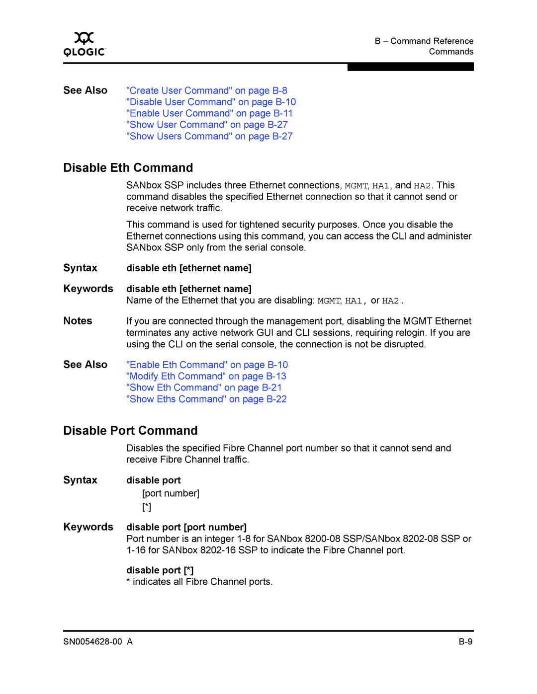 Q-Logic 8200 SERIES manual Disable Eth Command, Disable Port Command, Disable eth ethernet name, Disable port 