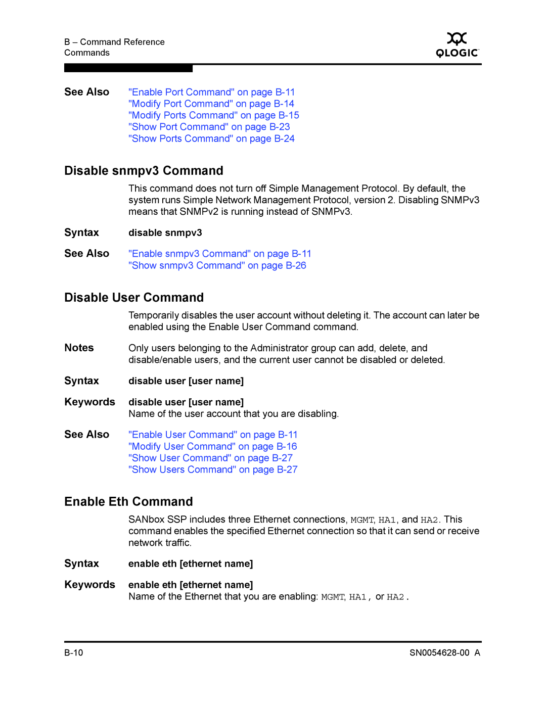 Q-Logic 8200 SERIES manual Disable snmpv3 Command, Disable User Command, Enable Eth Command, Syntax disable snmpv3 