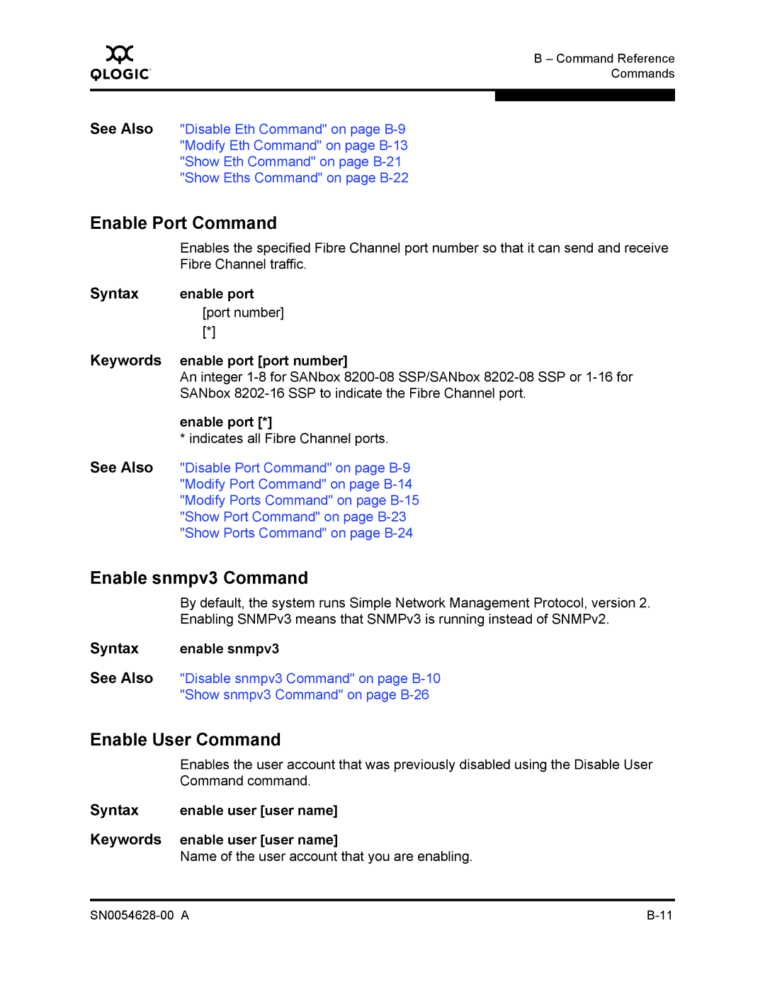 Q-Logic 8200 SERIES manual Enable Port Command, Enable snmpv3 Command, Enable User Command 