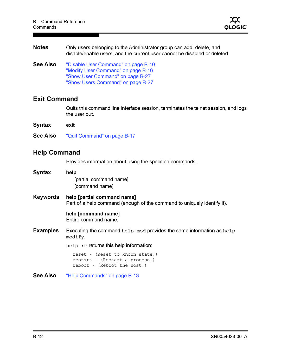 Q-Logic 8200 SERIES manual Exit Command, Help Command, Keywords help partial command name 