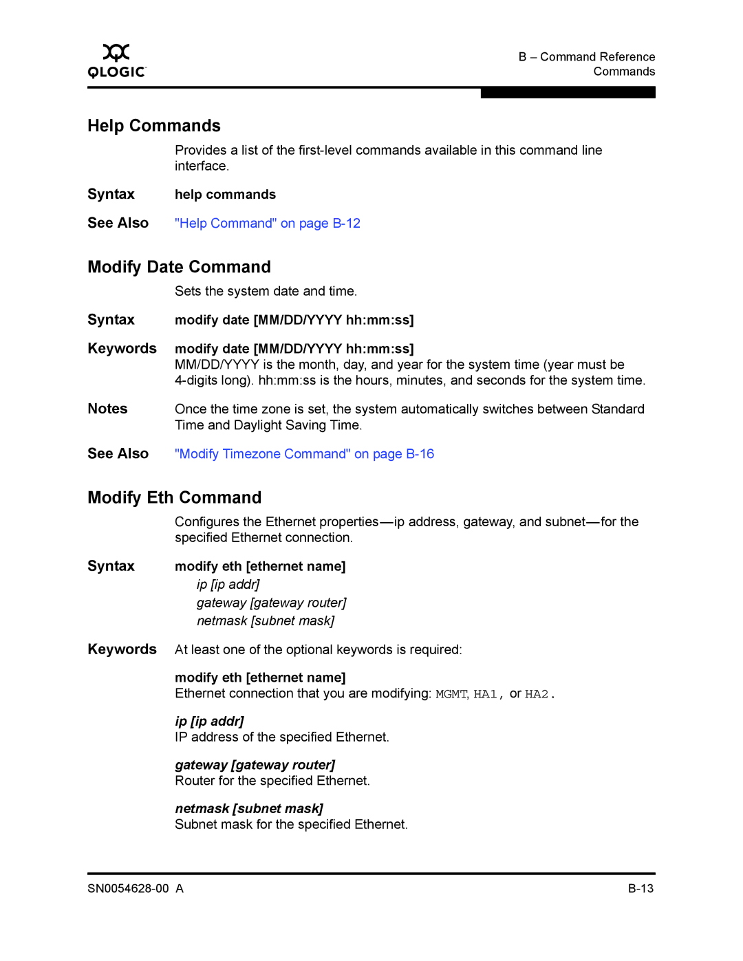 Q-Logic 8200 SERIES manual Help Commands, Modify Date Command, Modify Eth Command 