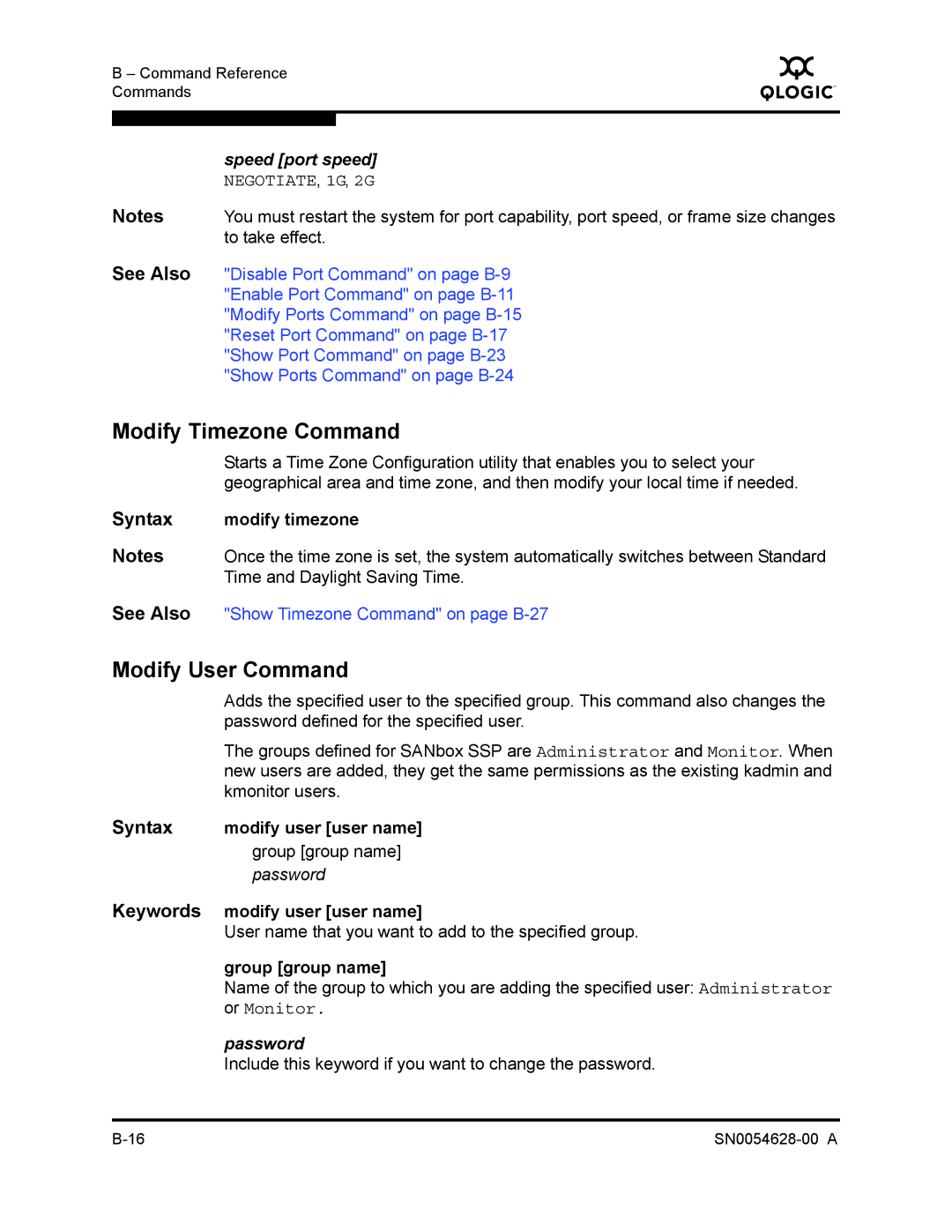 Q-Logic 8200 SERIES manual Modify Timezone Command, Modify User Command, Speed port speed NEGOTIATE, 1G, 2G, Password 