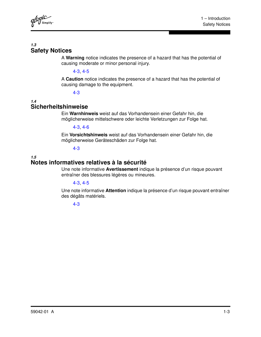 Q-Logic 8C manual Safety Notices, Sicherheitshinweise 