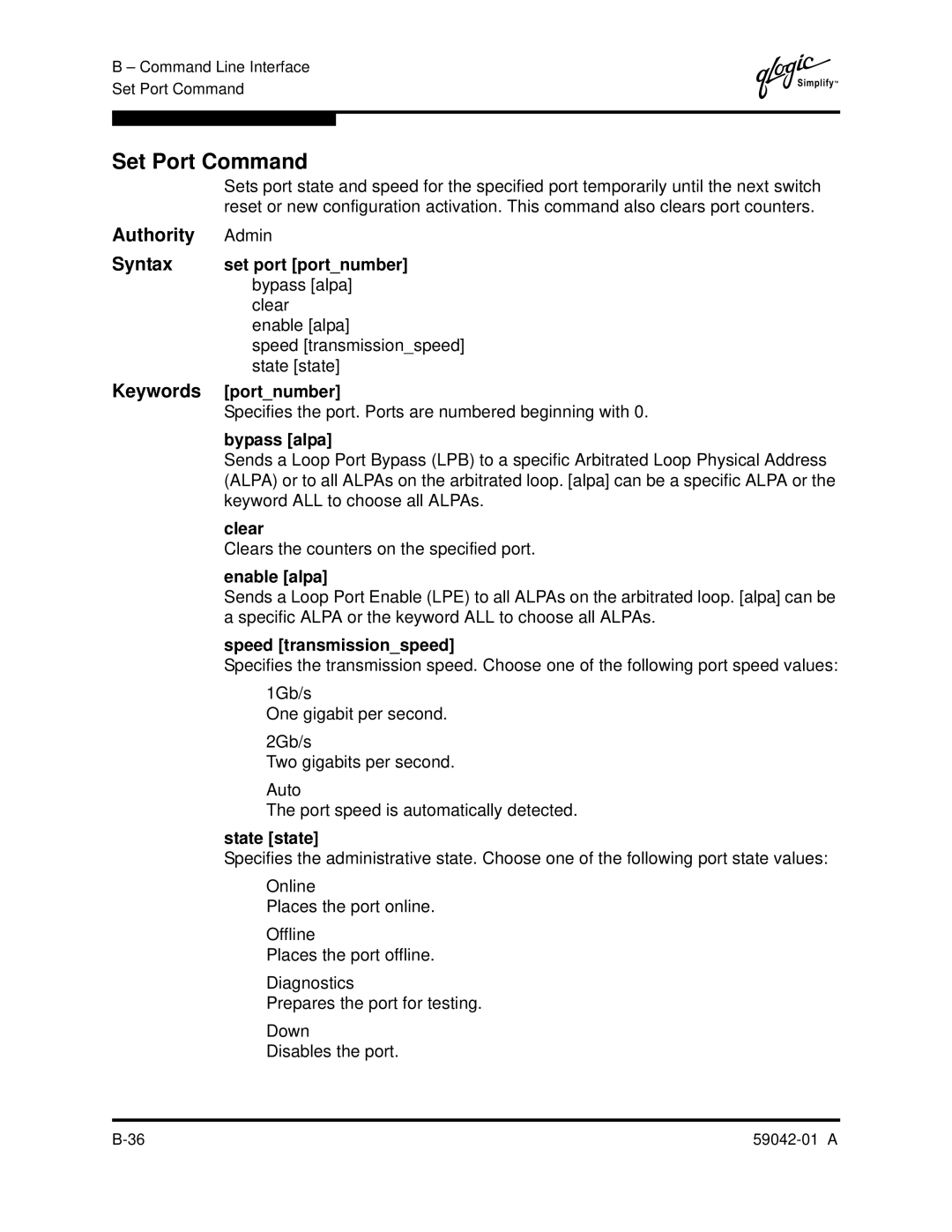 Q-Logic 8C manual Set Port Command, Authority Admin 