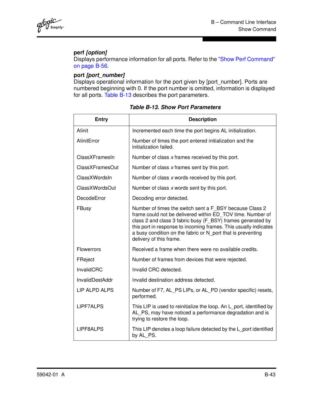 Q-Logic 8C manual Perf option, Table B-13. Show Port Parameters 