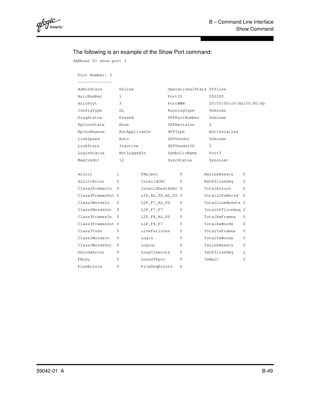 Q-Logic 8C manual Following is an example of the Show Port command, LIPF8F7 