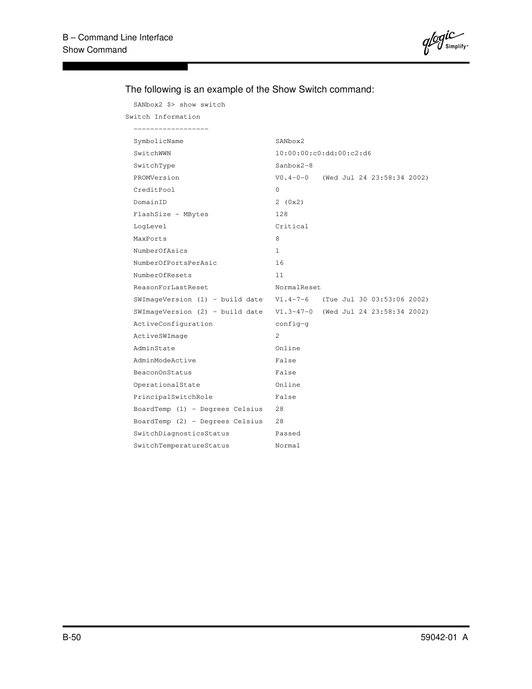 Q-Logic 8C manual Following is an example of the Show Switch command 