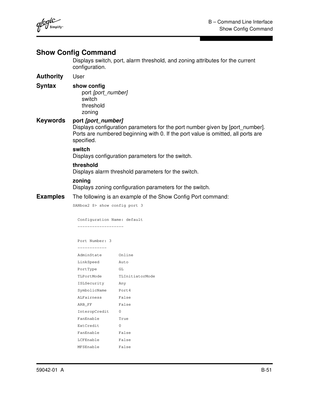 Q-Logic 8C manual Show Config Command, Show config 