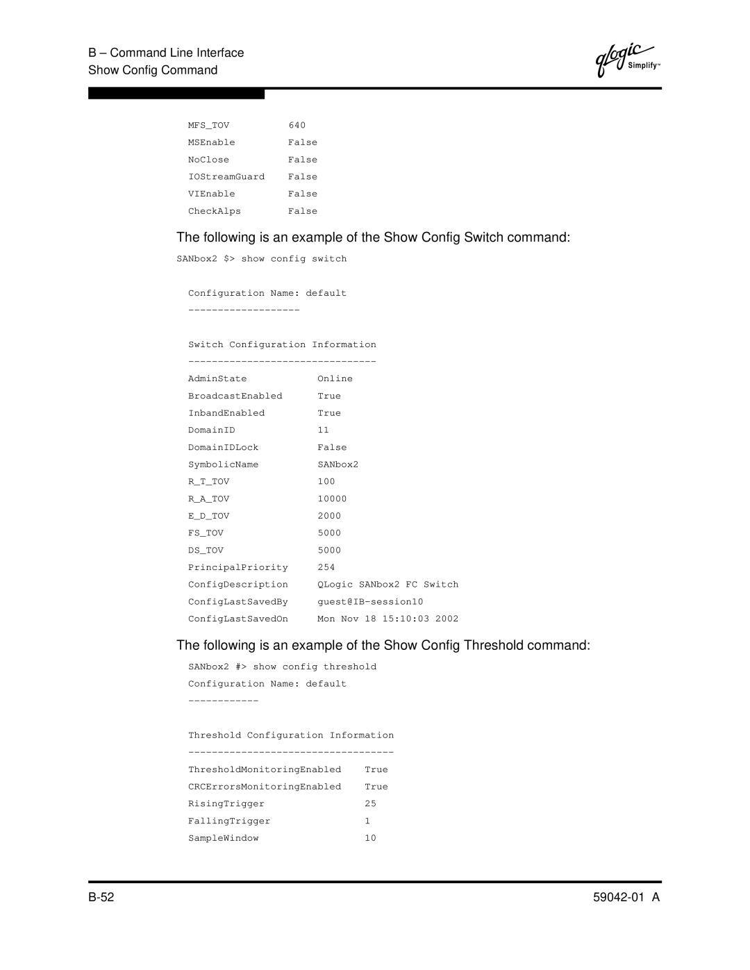 Q-Logic 8C manual Following is an example of the Show Config Switch command 