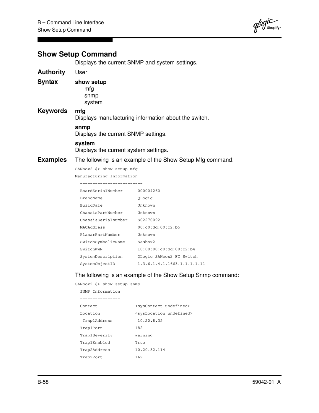 Q-Logic 8C manual Show Setup Command, Show setup, Mfg 