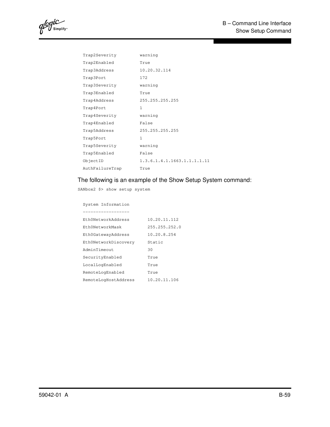 Q-Logic 8C manual Following is an example of the Show Setup System command 