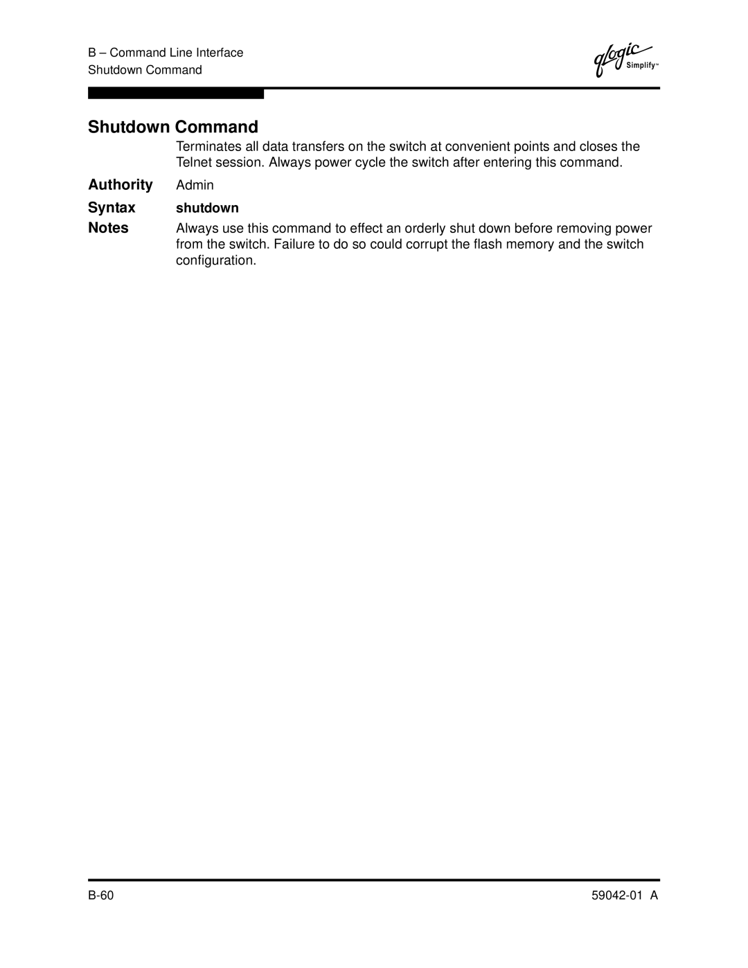 Q-Logic 8C manual Shutdown Command, Syntax shutdown 