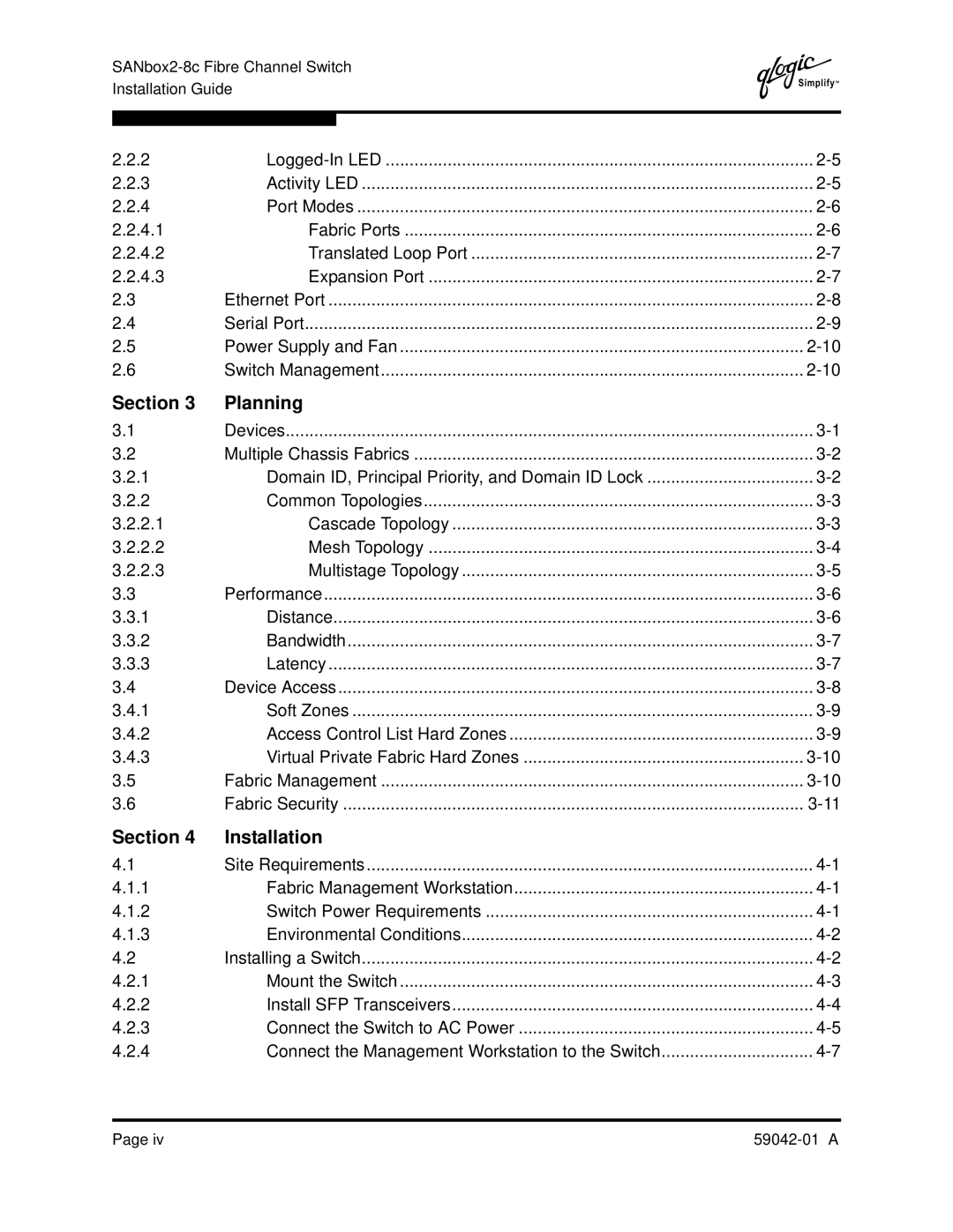 Q-Logic 8C manual Section Planning, Section Installation 