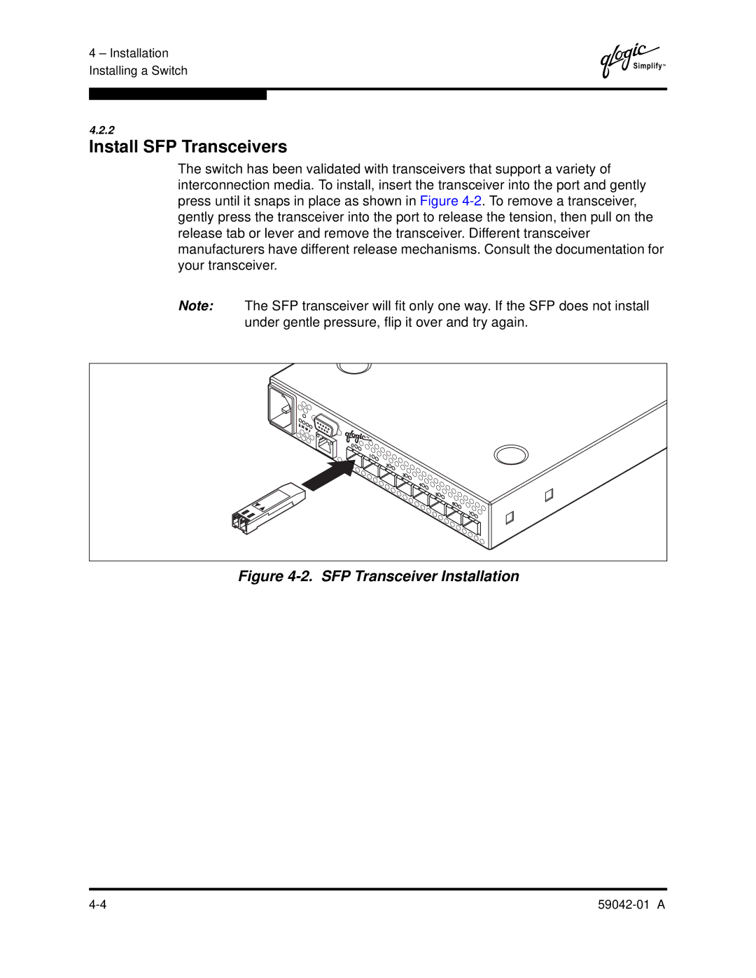 Q-Logic 8C manual Install SFP Transceivers, SFP Transceiver Installation 