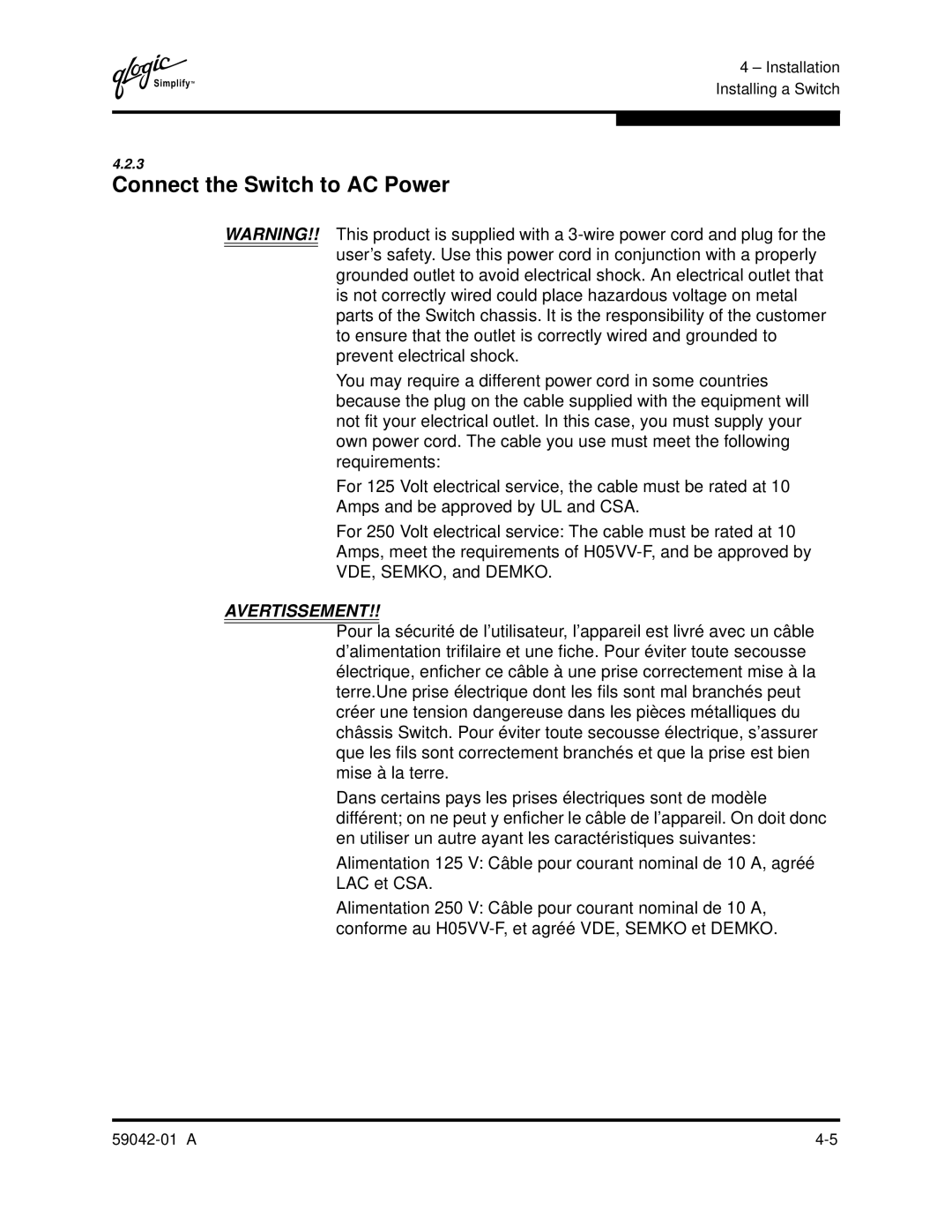 Q-Logic 8C manual Connect the Switch to AC Power, Avertissement 