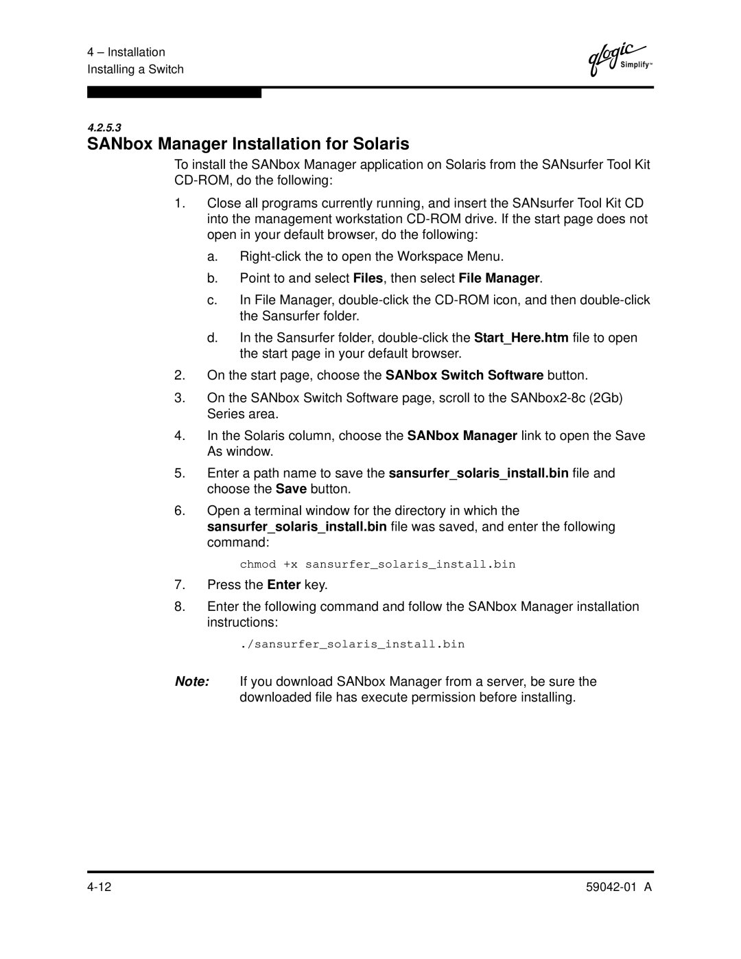 Q-Logic 8C manual SANbox Manager Installation for Solaris 