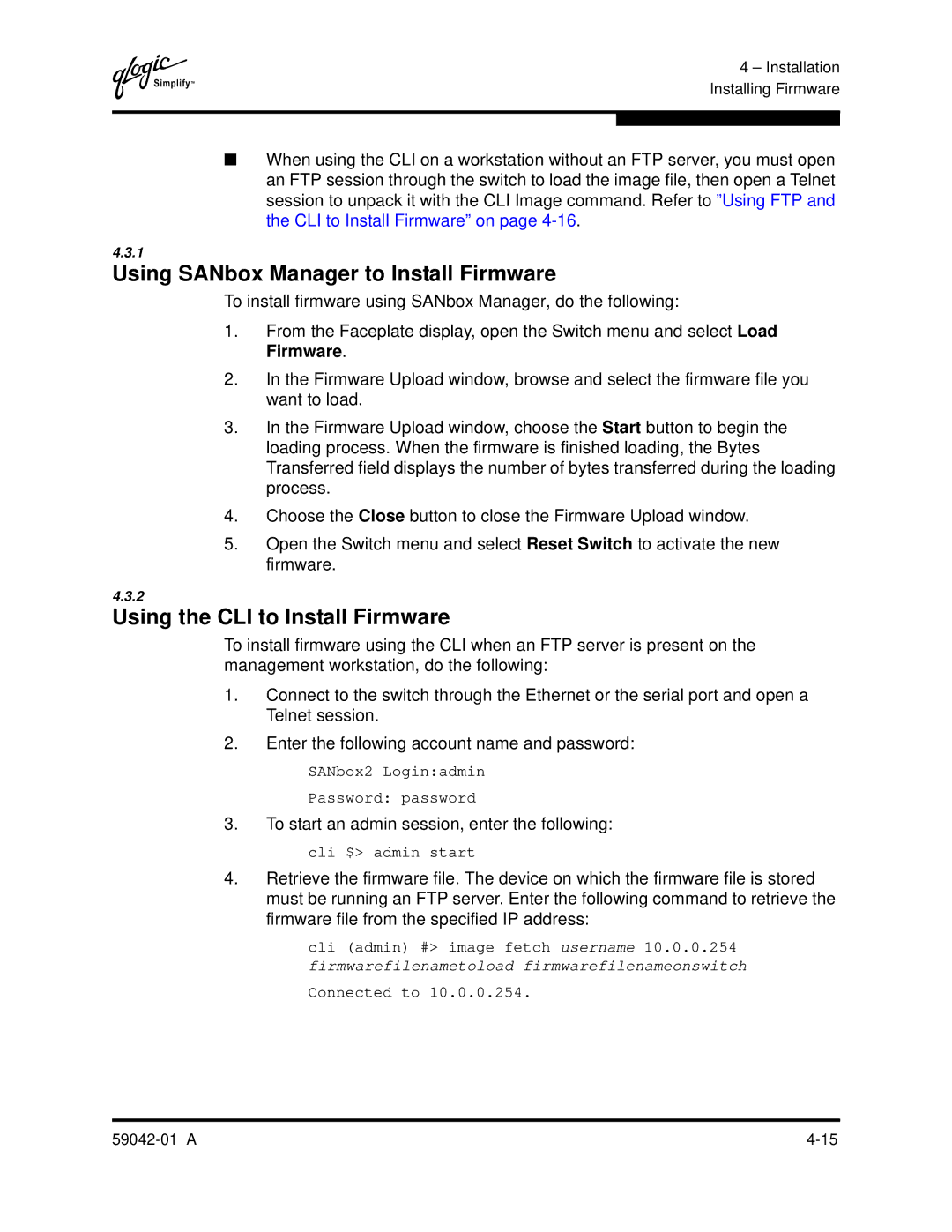 Q-Logic 8C manual Using SANbox Manager to Install Firmware, Using the CLI to Install Firmware 